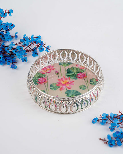 German Silver Tray with Pichwai Print - 6 inch - WL5117