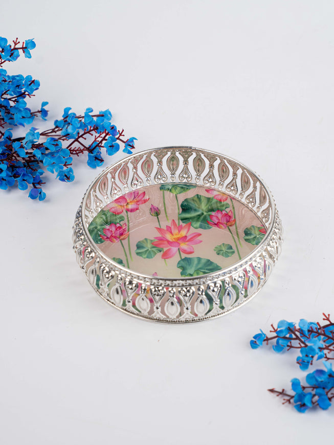 German Silver Tray with Pichwai Print - 6 inch - WL5117