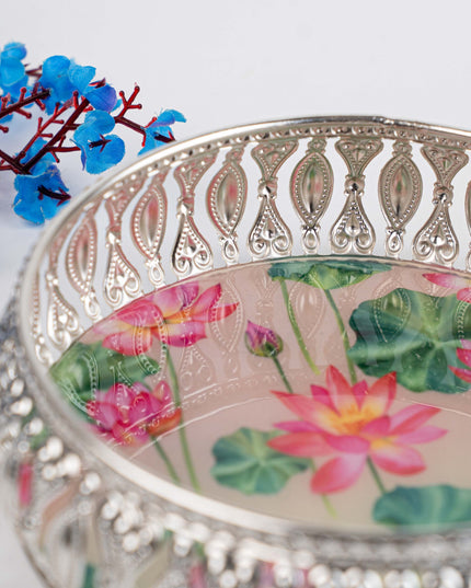 German Silver Tray with Pichwai Print - 6 inch - WL5117