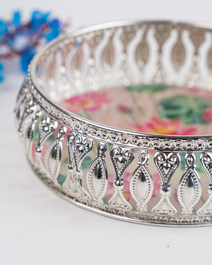 German Silver Tray with Pichwai Print - 6 inch - WL5117