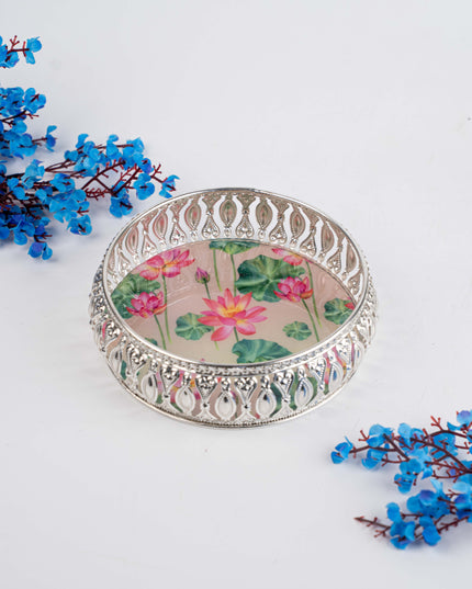 German Silver Tray with Pichwai Print - 6 inch - WL5117