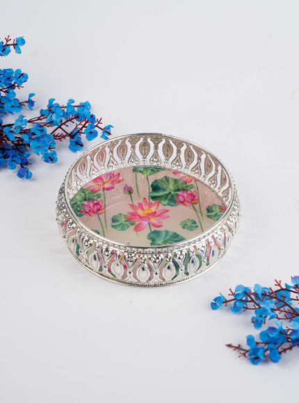 German Silver Tray with Pichwai Print - 6 inch - WL5117