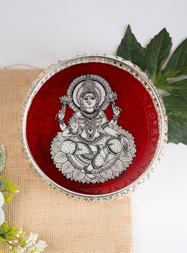 German Silver Tray with Madhubani Print - 6 inch - WL5118