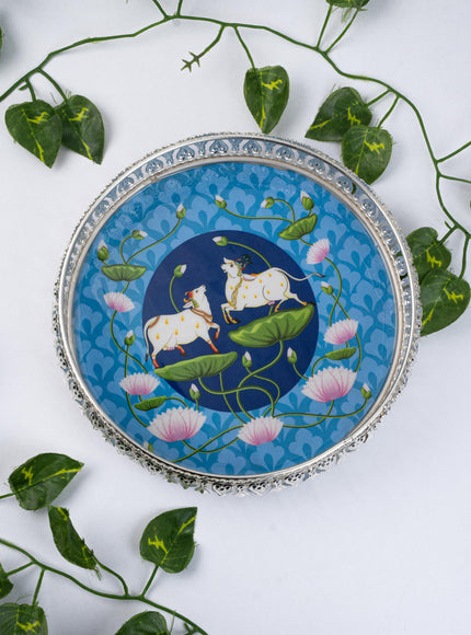 German Silver Pichwai Tray - Blue - 8 inch - WL5217-1