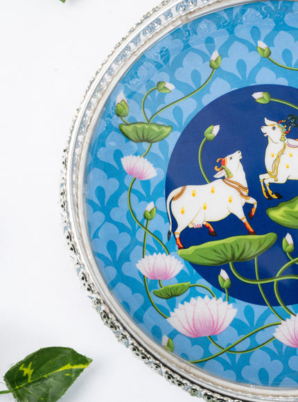 German Silver Pichwai Tray - Blue - 8 inch - WL5217-1