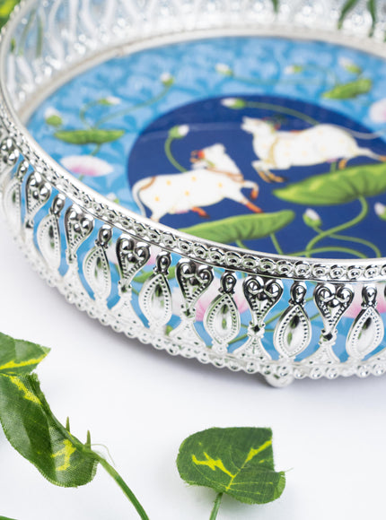 German Silver Pichwai Tray - Blue - 8 inch - WL5217-1