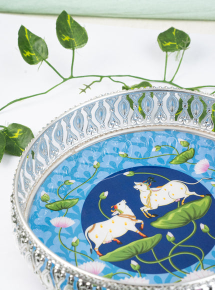 German Silver Pichwai Tray - Blue - 8 inch - WL5217-1