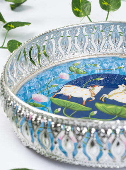 German Silver Pichwai Tray - Blue - 8 inch - WL5217-1