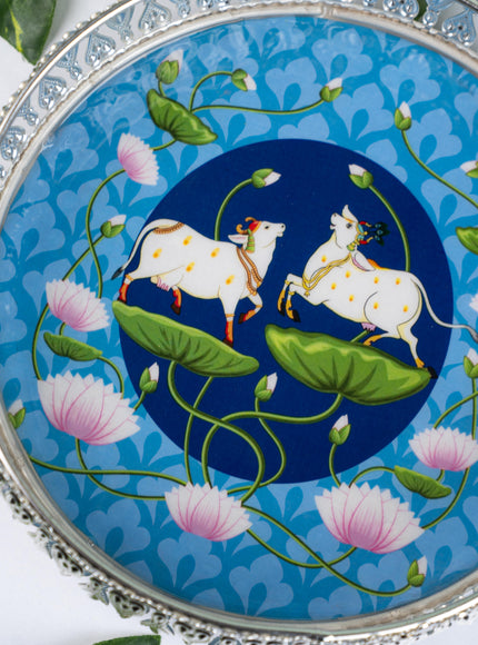 German Silver Pichwai Tray - Blue - 8 inch - WL5217-1