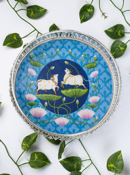 German Silver Pichwai Tray - Blue - 8 inch - WL5217-1
