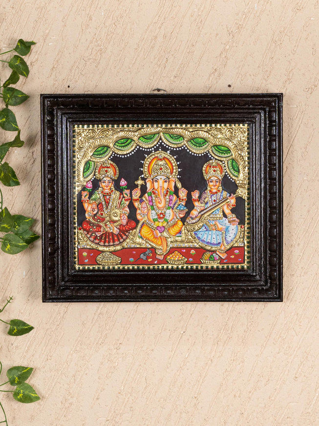 Tanjore Painting - Lakshmi-Ganesha-Saraswathi - Semi Embossed - 12x10 inch - WL5237