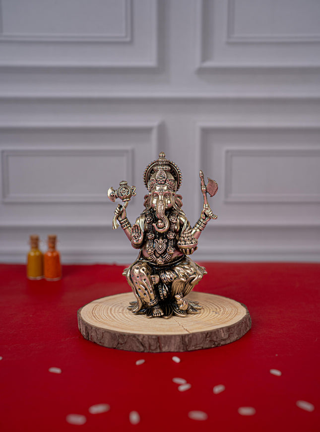 Brass Antique Ganesha Idol - 4 inch - WL5412