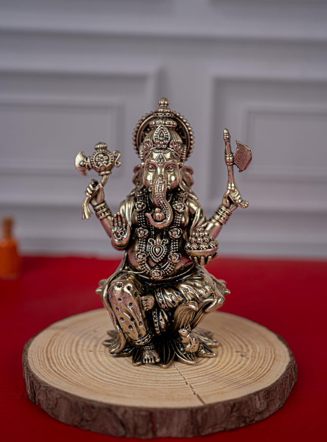 Brass Antique Ganesha Idol - 4 inch - WL5412