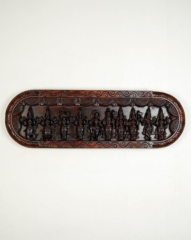 Wooden Carved Dasavatharam Wall Hanging Panel - Brown - 36 inch - WL5633