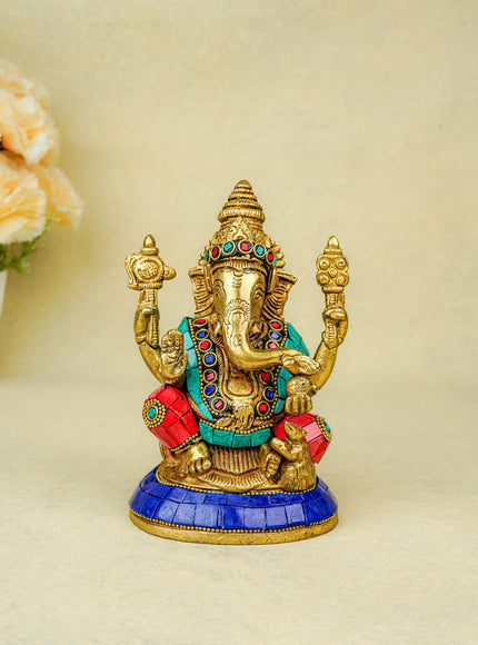 Brass Ganesha Idol with Stonework - 6 inch - WL5666