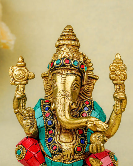 Brass Ganesha Idol with Stonework - 6 inch - WL5666