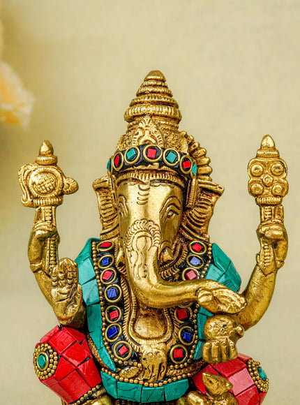 Brass Ganesha Idol with Stonework - 6 inch - WL5666