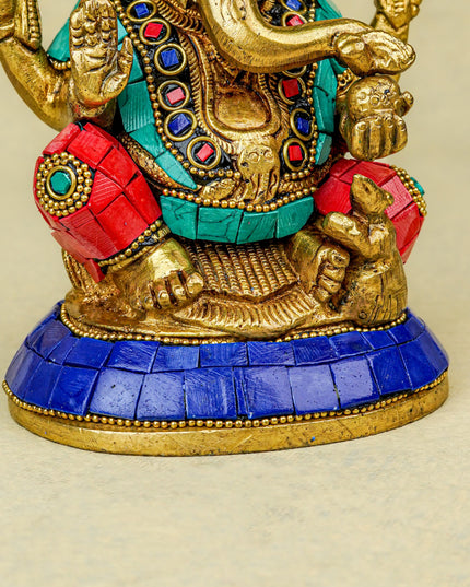 Brass Ganesha Idol with Stonework - 6 inch - WL5666