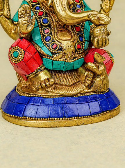 Brass Ganesha Idol with Stonework - 6 inch - WL5666