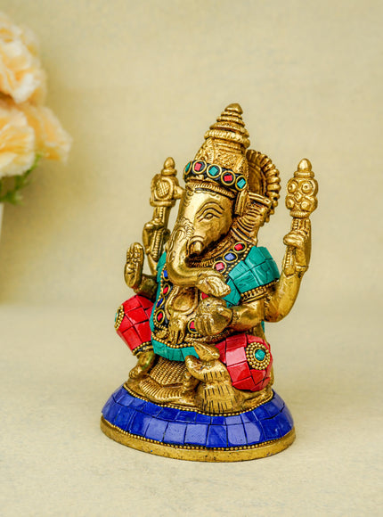 Brass Ganesha Idol with Stonework - 6 inch - WL5666