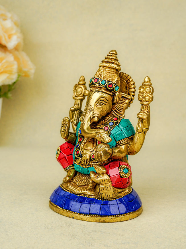 Brass Ganesha Idol with Stonework - 6 inch - WL5666