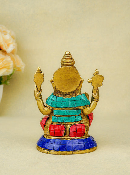 Brass Ganesha Idol with Stonework - 6 inch - WL5666