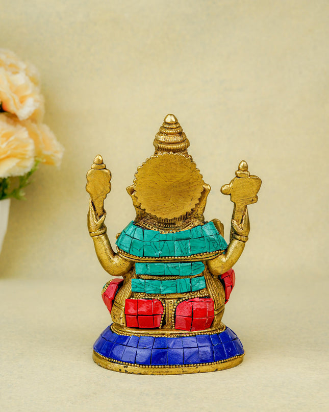Brass Ganesha Idol with Stonework - 6 inch - WL5666