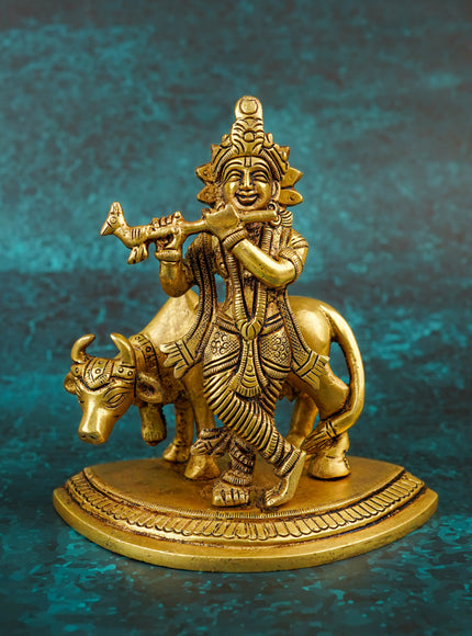 Brass Krishna with Cow - 5 inch - WL5790