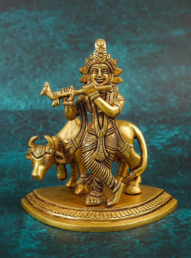 Brass Krishna with Cow - 5 inch - WL5790