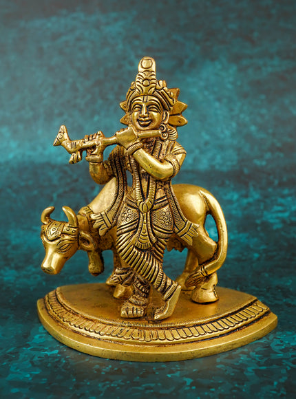 Brass Krishna with Cow - 5 inch - WL5790