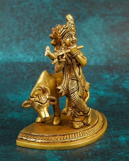 Brass Krishna with Cow - 5 inch - WL5790