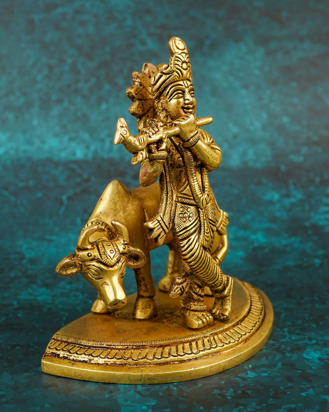 Brass Krishna with Cow - 5 inch - WL5790