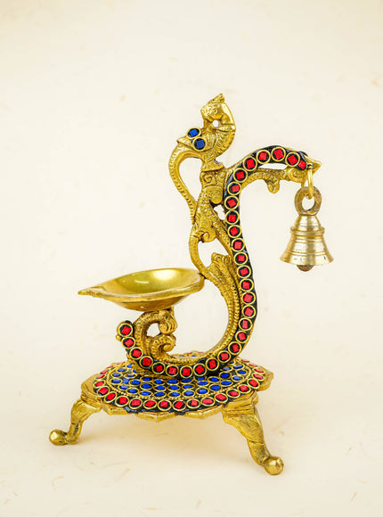 Brass Parrot Diya with Chowki & Stone Work - Blue - WL5819-1