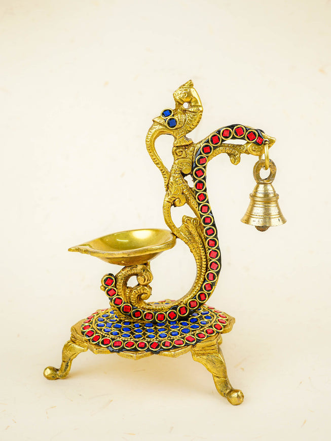 Brass Parrot Diya with Chowki & Stone Work - Blue - WL5819-1