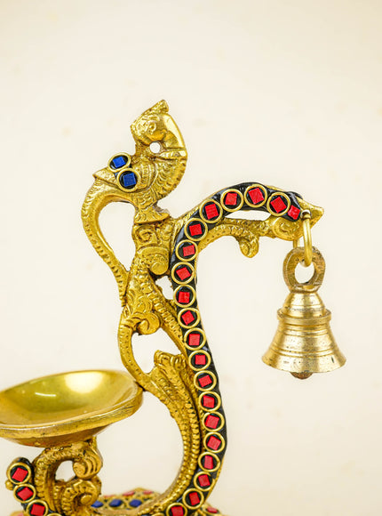 Brass Parrot Diya with Chowki & Stone Work - Blue - WL5819-1