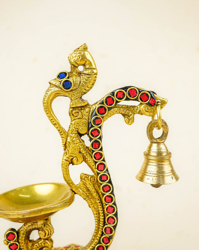 Brass Parrot Diya with Chowki & Stone Work - Blue - WL5819-1