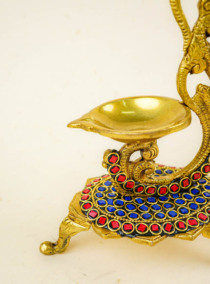 Brass Parrot Diya with Chowki & Stone Work - Blue - WL5819-1