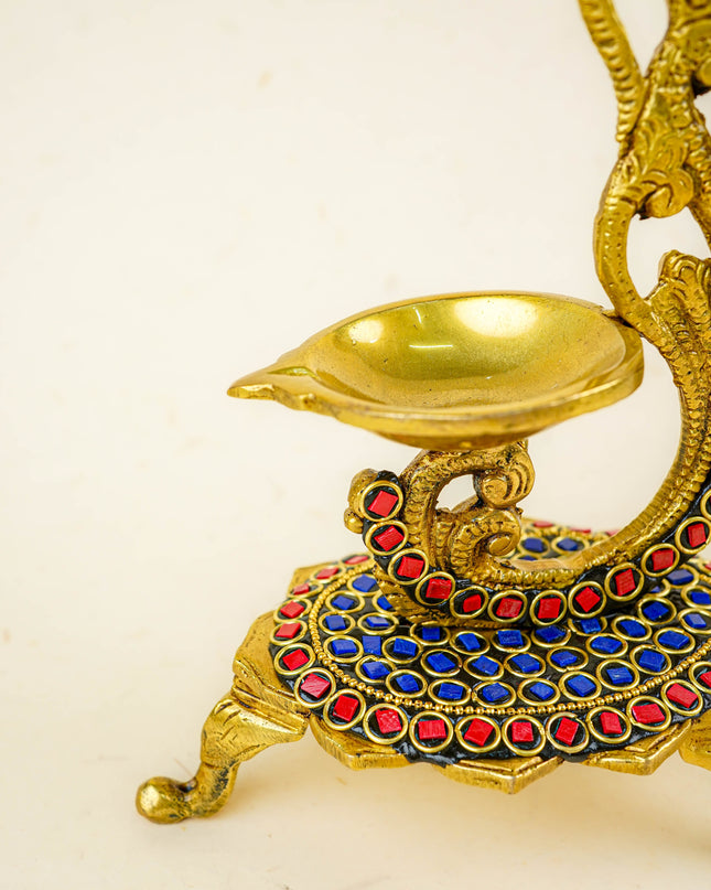 Brass Parrot Diya with Chowki & Stone Work - Blue - WL5819-1