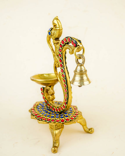 Brass Parrot Diya with Chowki & Stone Work - Blue - WL5819-1