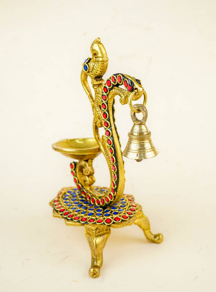 Brass Parrot Diya with Chowki & Stone Work - Blue - WL5819-1