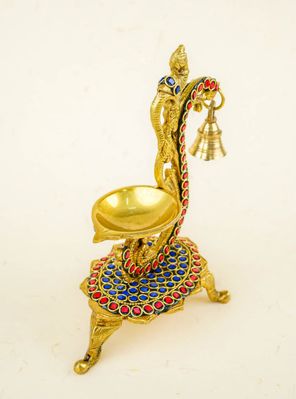 Brass Parrot Diya with Chowki & Stone Work - Blue - WL5819-1