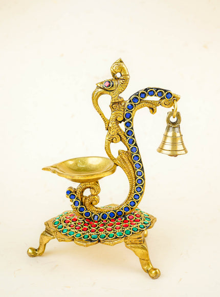 Brass Parrot Diya with Chowki & Stone Work - Green - WL5819-2