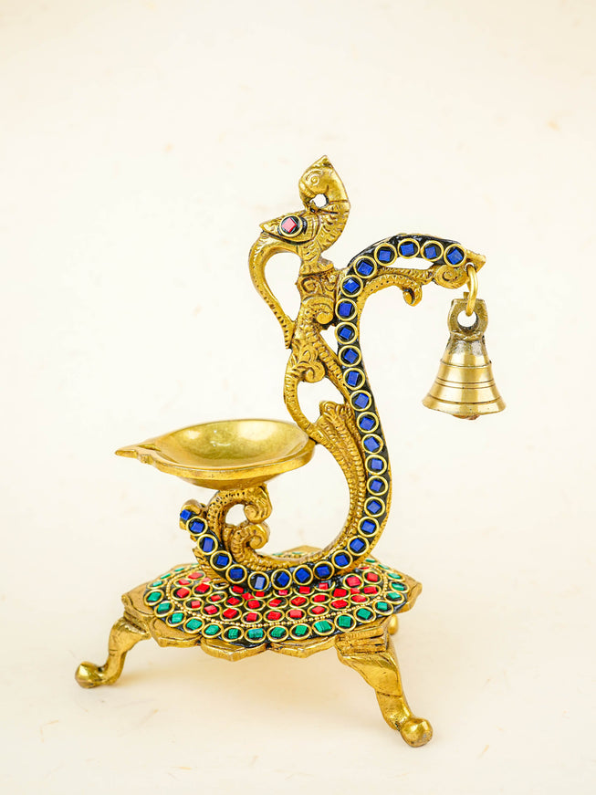 Brass Parrot Diya with Chowki & Stone Work - Green - WL5819-2