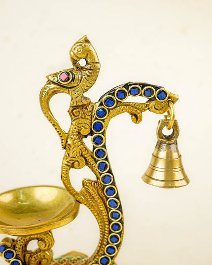 Brass Parrot Diya with Chowki & Stone Work - Green - WL5819-2
