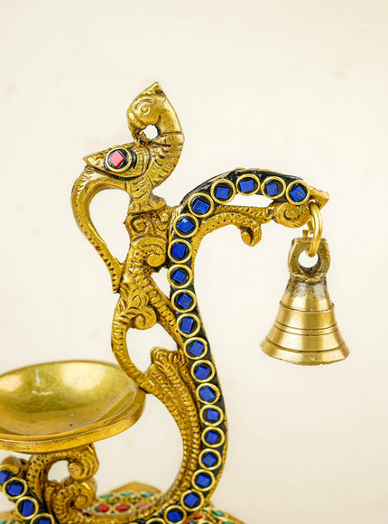Brass Parrot Diya with Chowki & Stone Work - Green - WL5819-2
