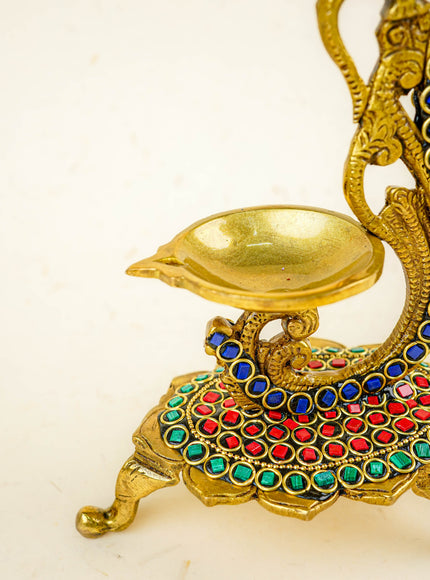 Brass Parrot Diya with Chowki & Stone Work - Green - WL5819-2