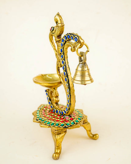 Brass Parrot Diya with Chowki & Stone Work - Green - WL5819-2