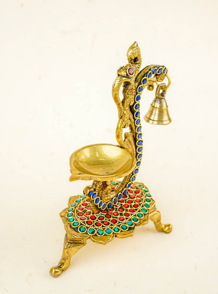 Brass Parrot Diya with Chowki & Stone Work - Green - WL5819-2