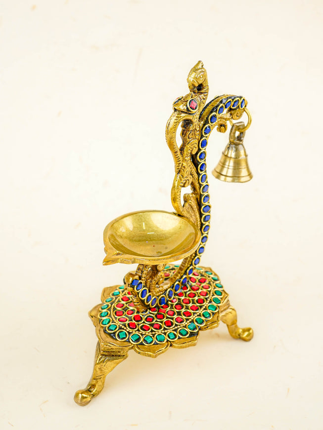 Brass Parrot Diya with Chowki & Stone Work - Green - WL5819-2