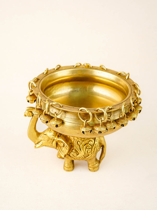Brass Elephant Urli with Bells - 6 inch - WL5871